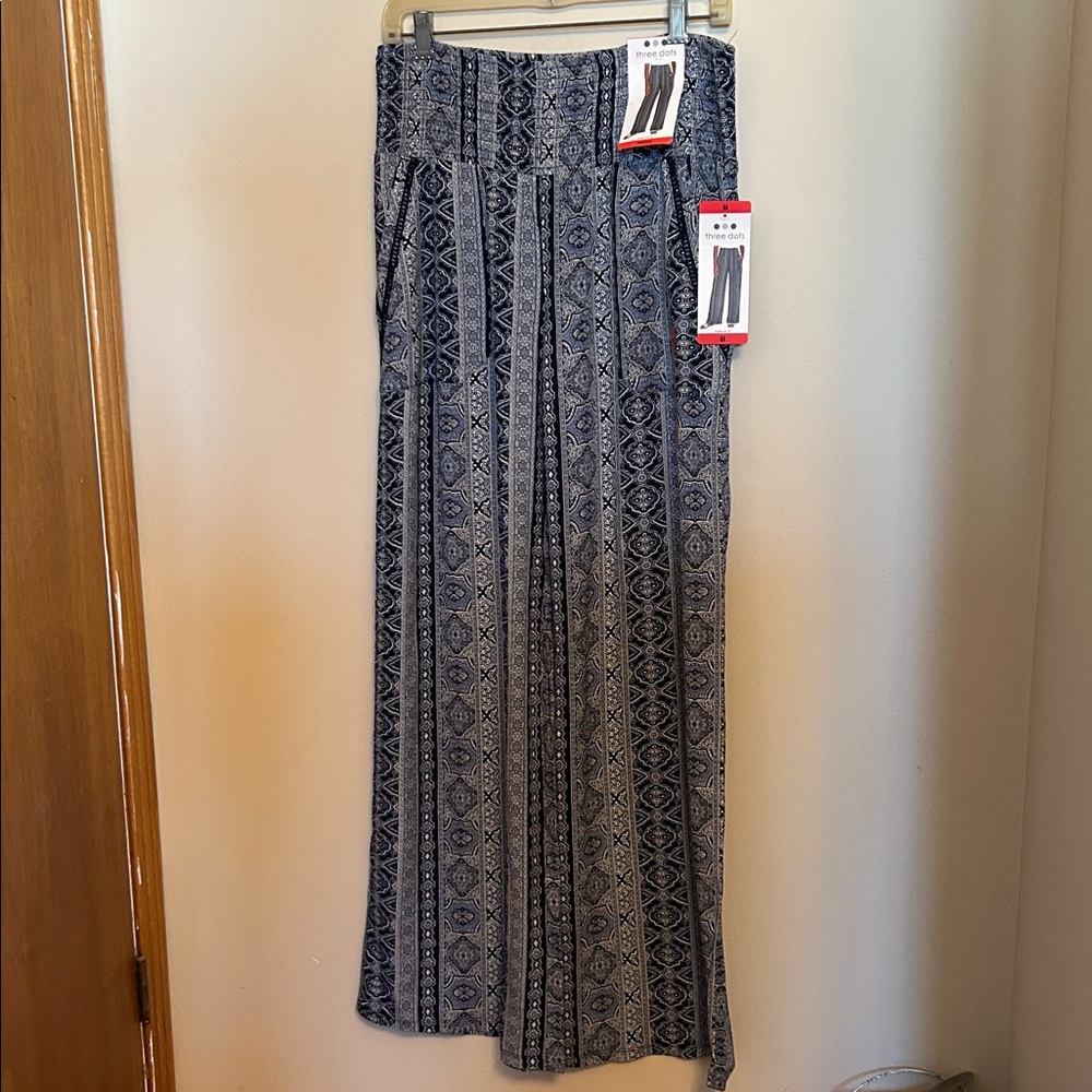 3 Dots 100% rayon wide leg pull on pant elastic waist front pockets Sz-M new/tag